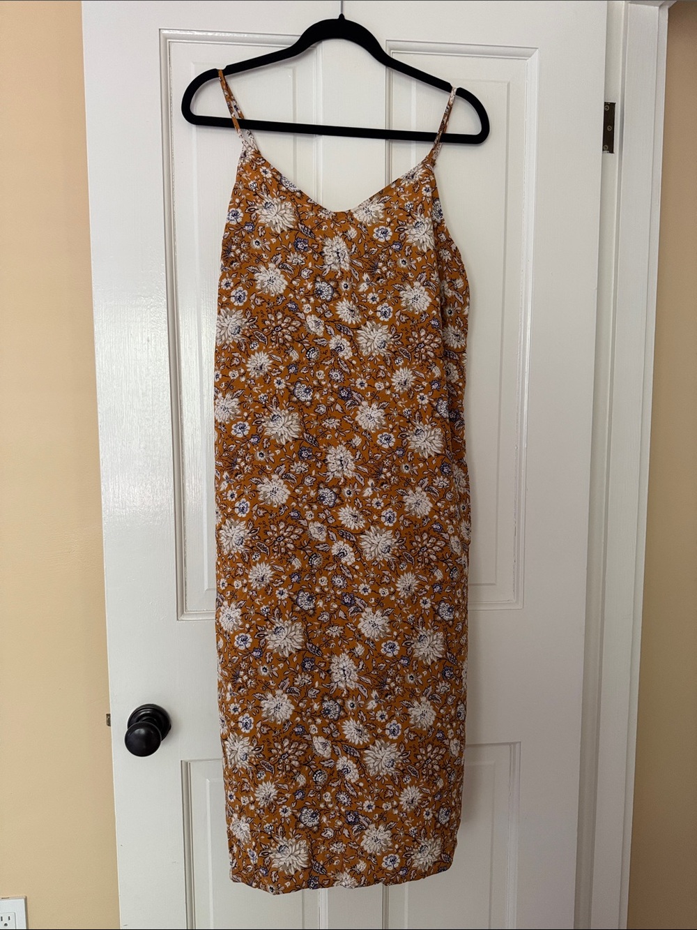 Floral Spaghetti-Strap Slip Dress in Mustard